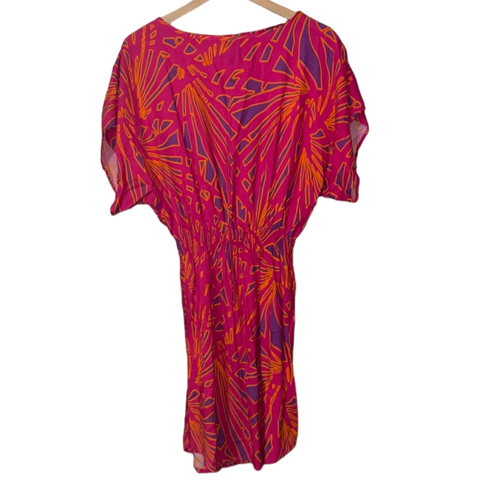 •ESCAPADA•NWOT PINK/PURPLE/ORANGE ABSTRACT BOAT NECK SMOCKED WAIST DRESS SMALL